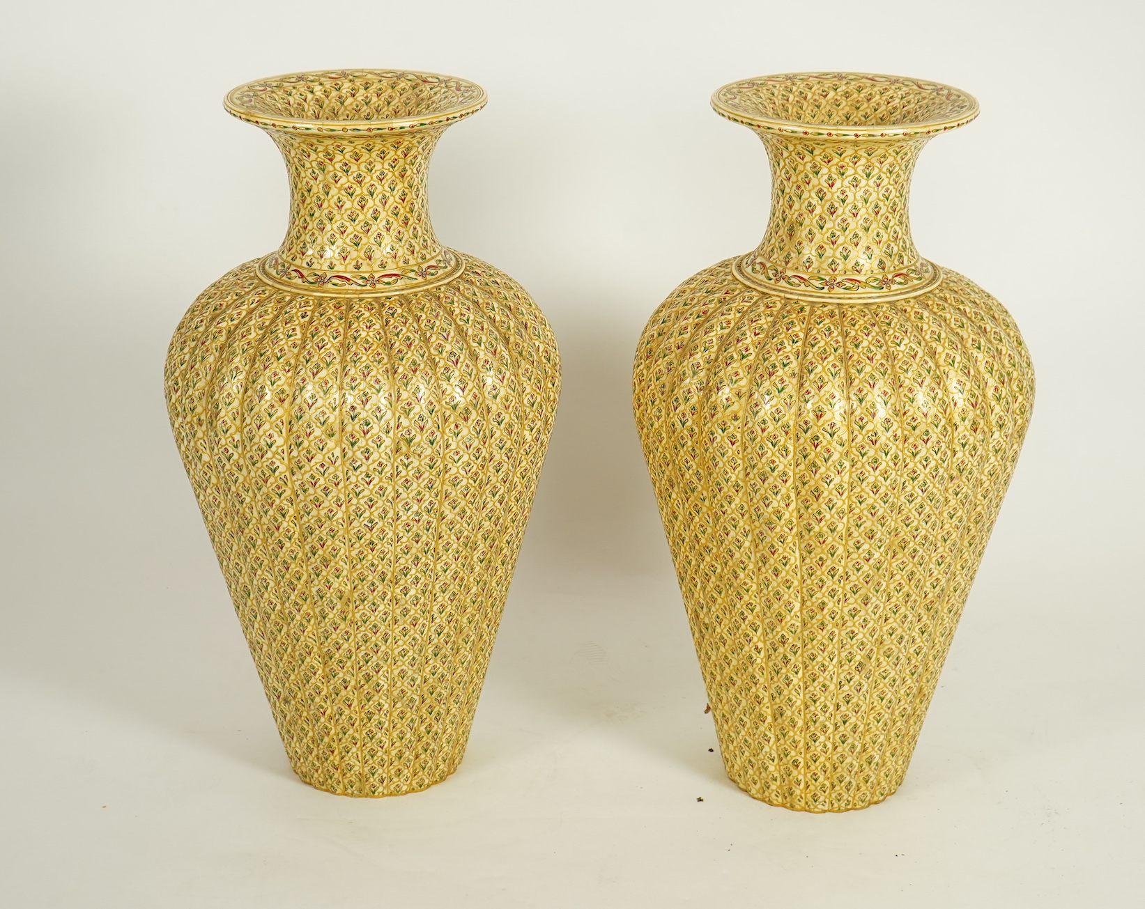 A pair of large Indian painted bone veneered vases, in Mughal style